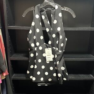 Black and White Polka Dot Peplum Halter Top